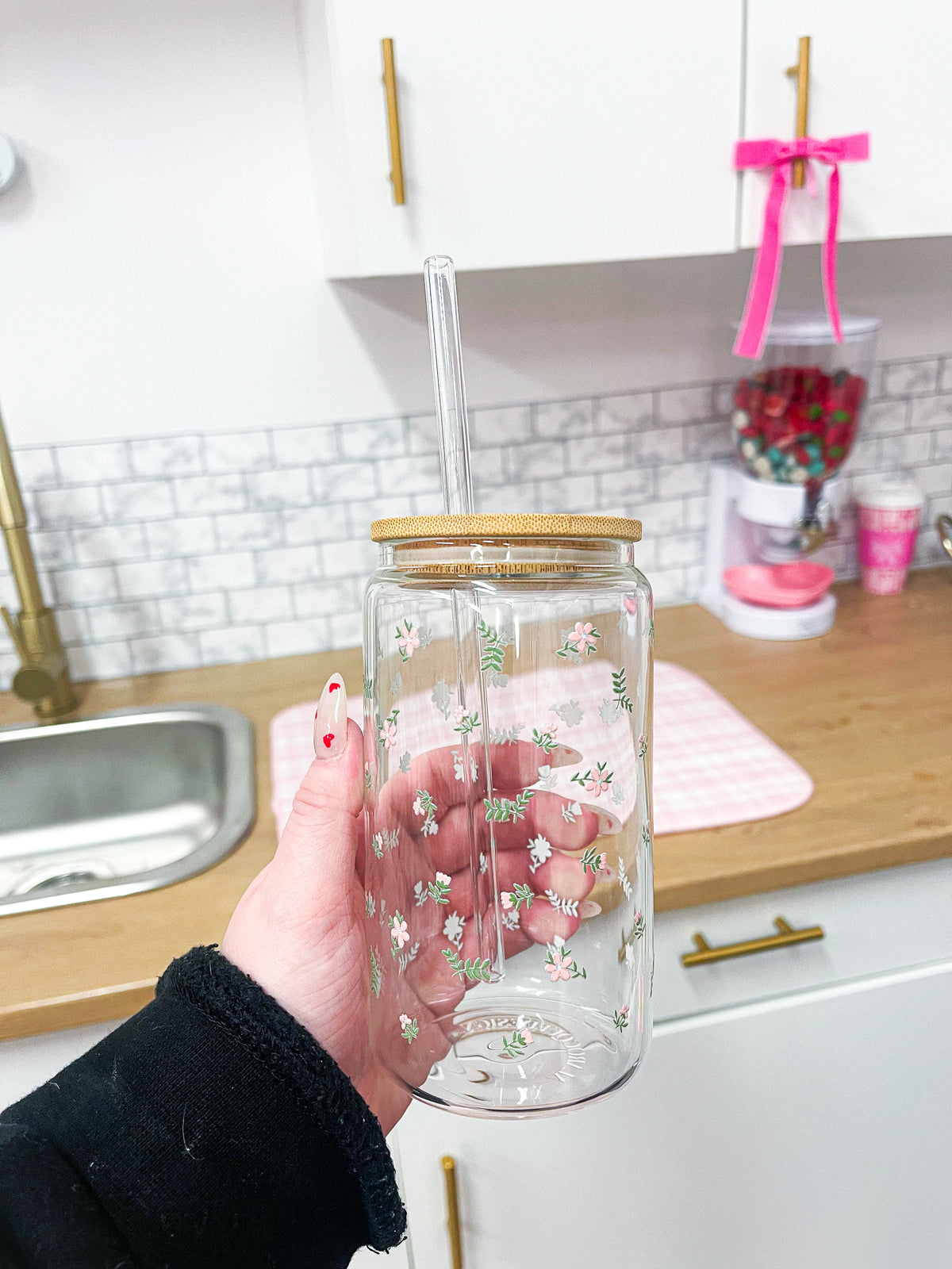 Dernière chance | Verre 16 oz | Minis fleurs roses et feuilles