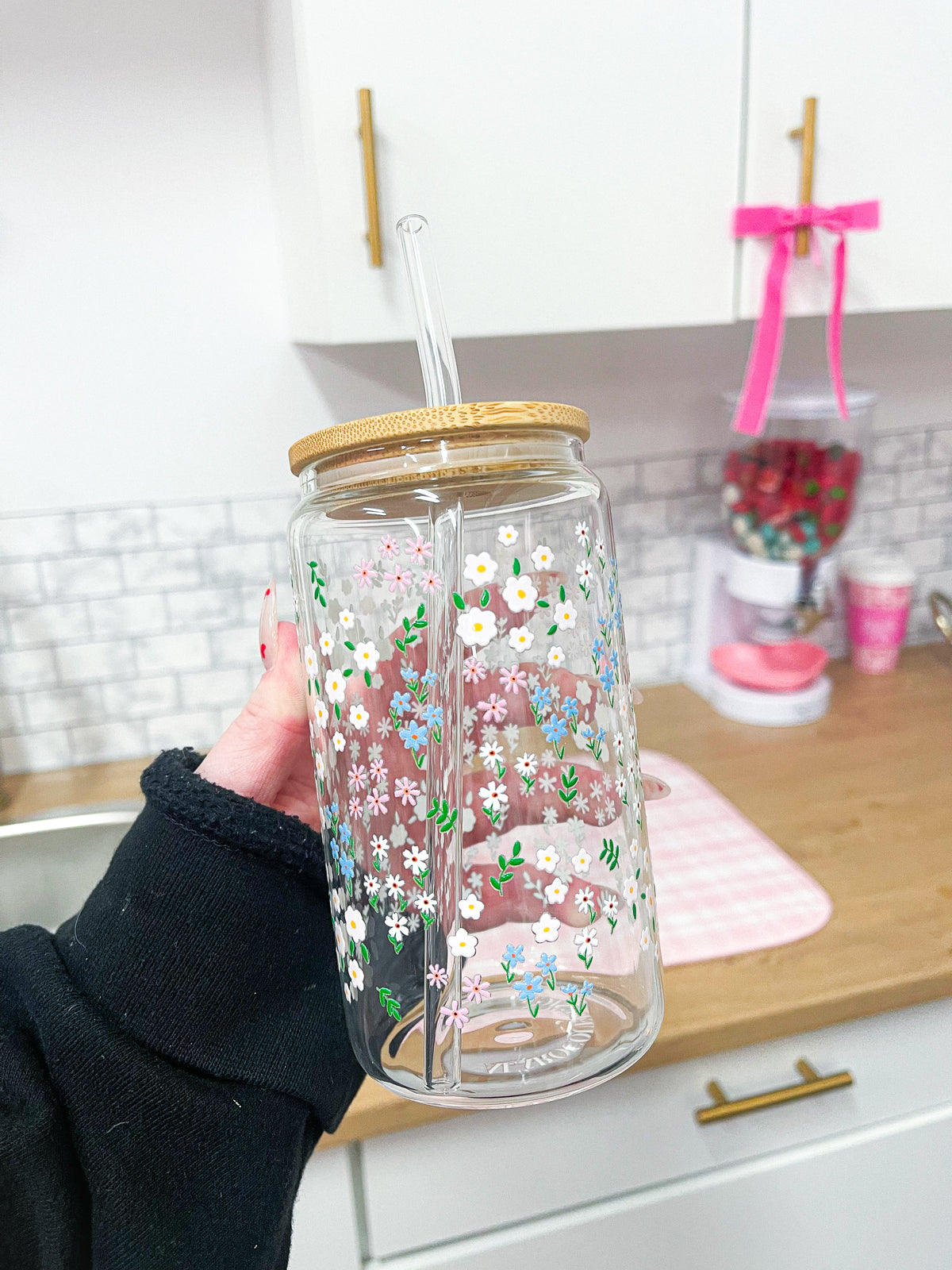 Verre 16 oz | Fleurs bleues, roses et blanches