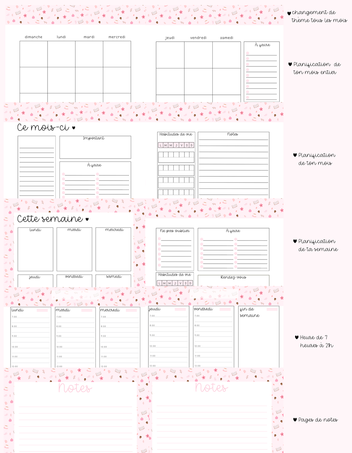 Agenda planificateur | Non-daté | Sauge et fleurs fuchsia