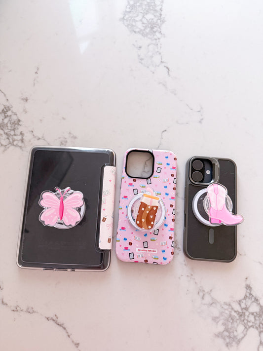 Bouton à téléphone ou liseuse | Magnétique | Papillon, café glacé, botte cowgirl