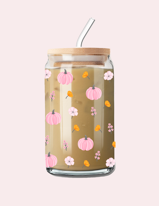 Verre 16 oz | Automne | Citrouilles roses élégantes
