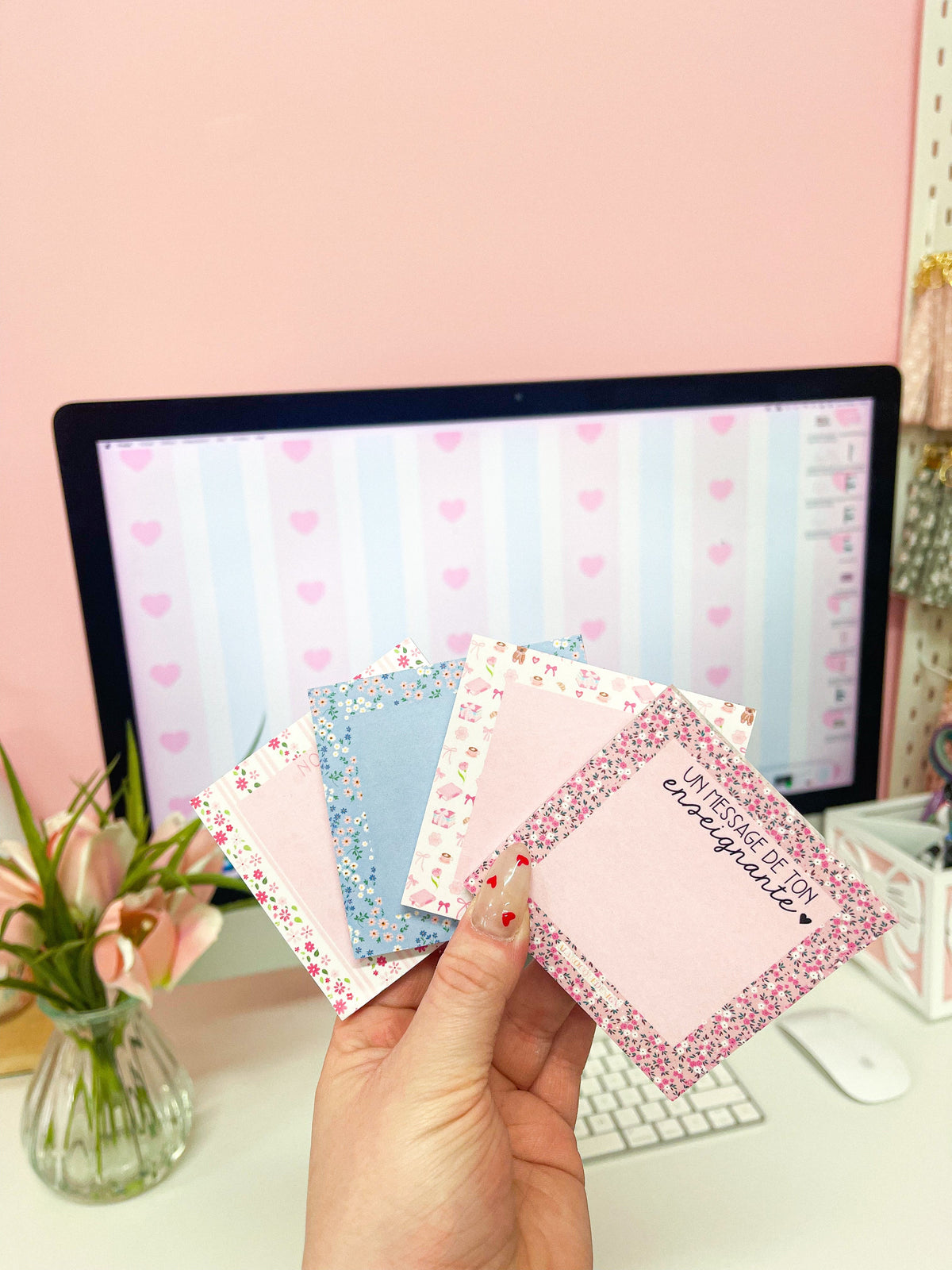 Bloc-notes autocollantes | Lignes roses et fleurs